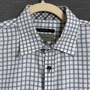 Jhane Barnes Shirt XL Slim Fit Gray White Windowpane Plaid Button Classic Casual